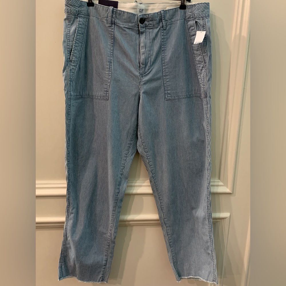 Gap High Rise Pin Stripe Blue Straight Ankle Khaki Size 14 Railroad Utility